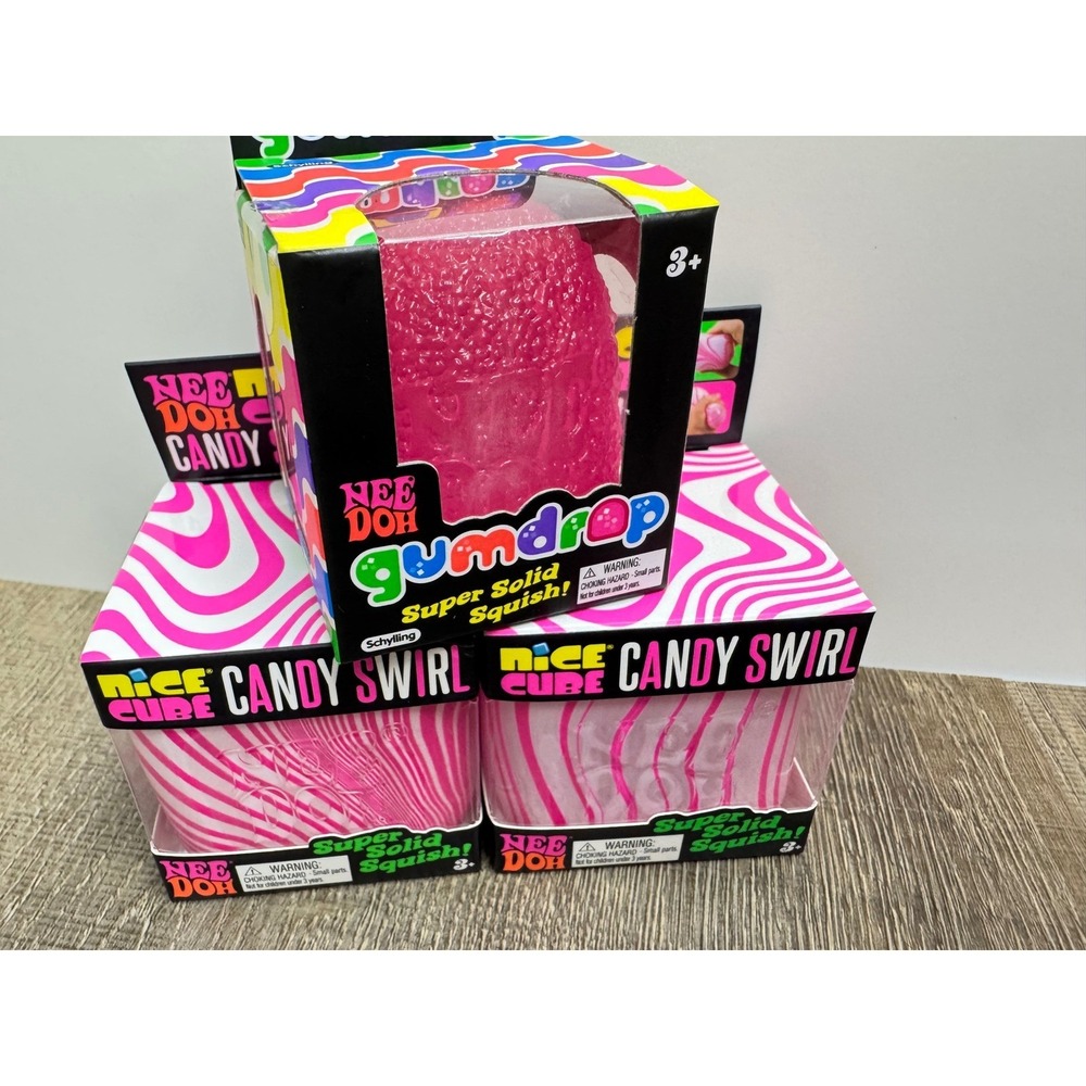 NeeDoh Toy Bundle - 1 Pink Gumdrop + 2 Candy Swirl Nice Cubes New Sealed Lot